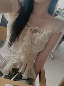 DAZY 女士方领荷叶边腰身优雅夏季衬衫 - 黃色 - 查看 6