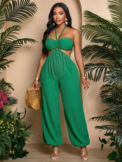 SOLERSUN Women's Spring/Summer Casual Linen Solid Color Backless Halter Neck Lantern Jumpsuit - Suitable For Everyday Wear, Commuting, Vacations, Beach Trips, Music Festivals, And Other Occasions.