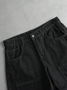 ROMWE MEN Street Life 男士宽松工装口袋牛仔裤 - 黑色 - 查看 3