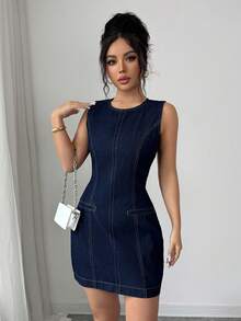 Elenzga Women's Casual Round Neck Denim Dress For Daily Wear - Dark Wash - View 4