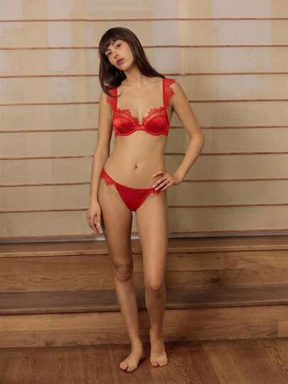 lacRébo White Satin And Lace Lingerie Set With Lace-Trimmed Straps And Matching Panties Sexy Chic