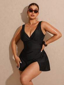 Elaquor Plus Size Women Solid Color Side Slit Hem Swimwear Skirt With Swim Shorts Spring/Summer Casual Vacation Swimwear Sets For Women - Black - View 8