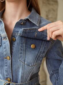 MOTF PREMIUM SPRING/SUMMER DENIM JACKET WITH BELT, FASHIONABLE URBAN CASUAL - Medium Wash - View 6