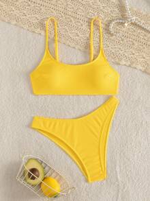 SHEIN Swim Women's Solid Color Ribbed Spaghetti Strap Bikini Set, Summer Beach Vacation - Yellow - View 2