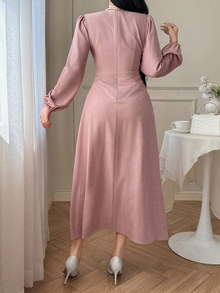 Pink V-Neck Long Sleeve Cinched Waist Solid Color Midi Dress, Elegant For Party, Beach, Wedding, Graduation, Holiday Sundress