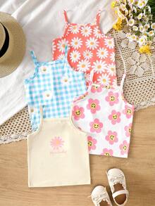 SHEIN Vintaside Kids Bộ 4 áo hai dây thoải mái thường ngày cho bé gái, thích hợp cho mùa xuân/hè. - Nhiều màu - Xem 8