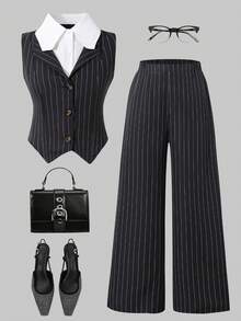 Conjunto de top y pantalones de traje con cuello de contraste, elegante y urbano para adolescentes y estudiantes universitarias - Gris - Ver 4