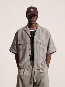 STYNVO Men's Striped Print Front Button Pocket Casual Short Sleeve Shirt - Grey - View 5