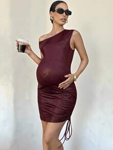 MaterniWear Burgundy Autumn Classy Maternity Party Dress, Snakeskin Print Asymmetrical Shoulder Ruched Bodycon Faux Leather Maternity For Pregnancy Photoshoot - Burgundy - View 1