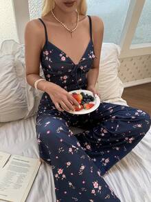 SHEIN Floral Print Front Tie V-Neck Camisole & Pants Women Pajama Set - Navy Blue - View 1