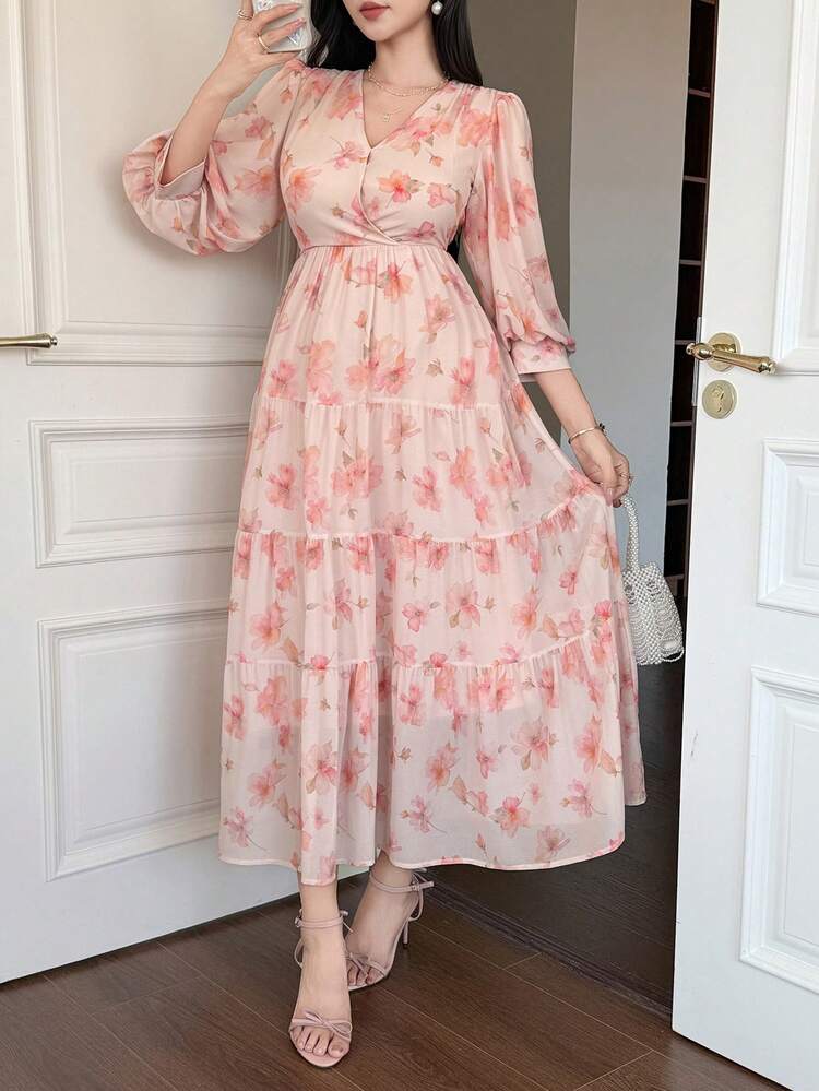 V-Neck Pink Ditsy Floral Lantern Sleeve Cinched Waist A-Line Long Dress For Women Sundress Boho