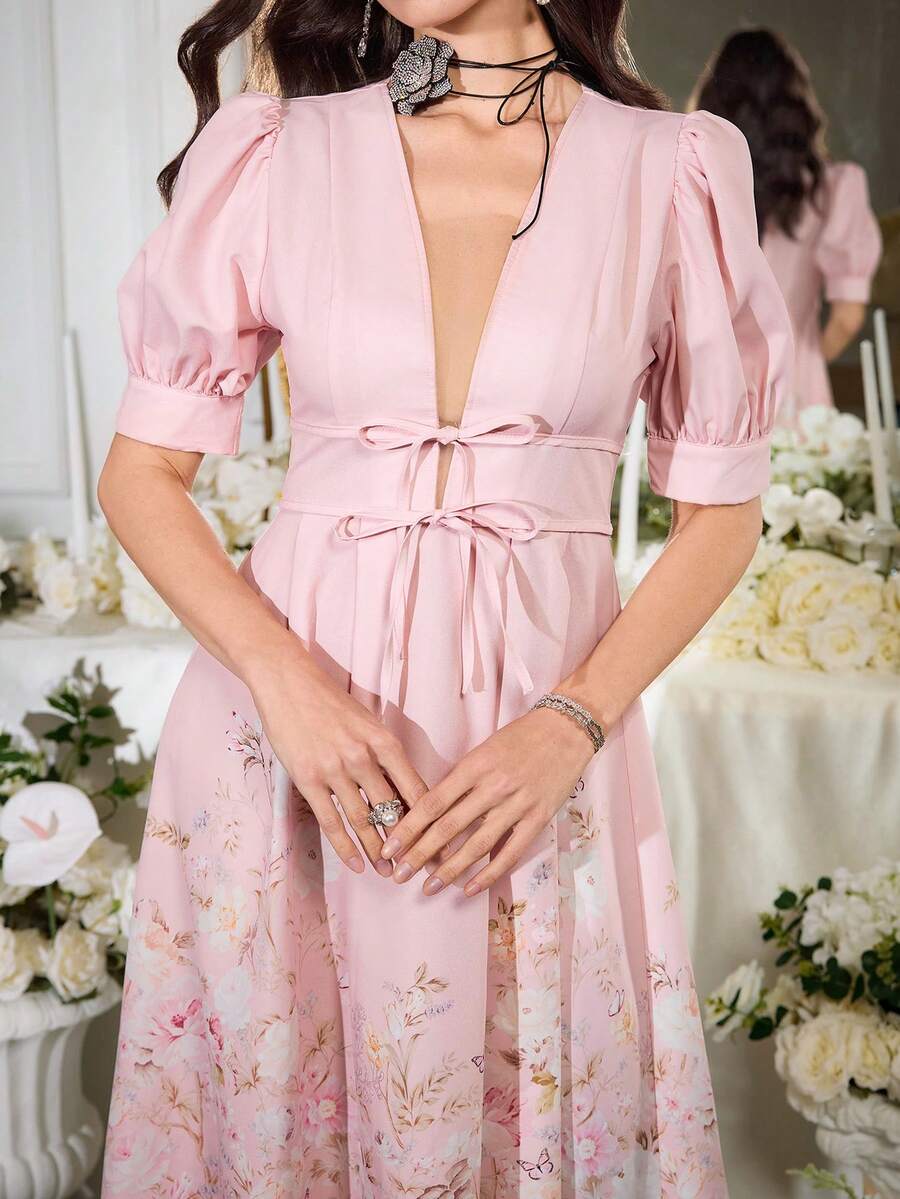 Modelyn Elegant Pink Floral Summer Dress For Women,V-Neck Wedding Ninang Dresses,Graduation Holiday Outfits Wedding Guest Dresses