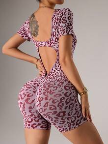 Dewbera Seamless Leopard Print Backless Women Sports Jumpsuit - Red and White - View 6