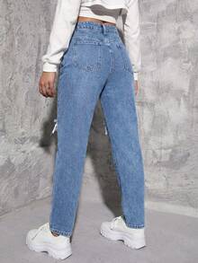 SHEIN ICON Jeans de mezclilla con bolsillos en diagonal y rotos para mujer - Azul lavado medio - Ver 2