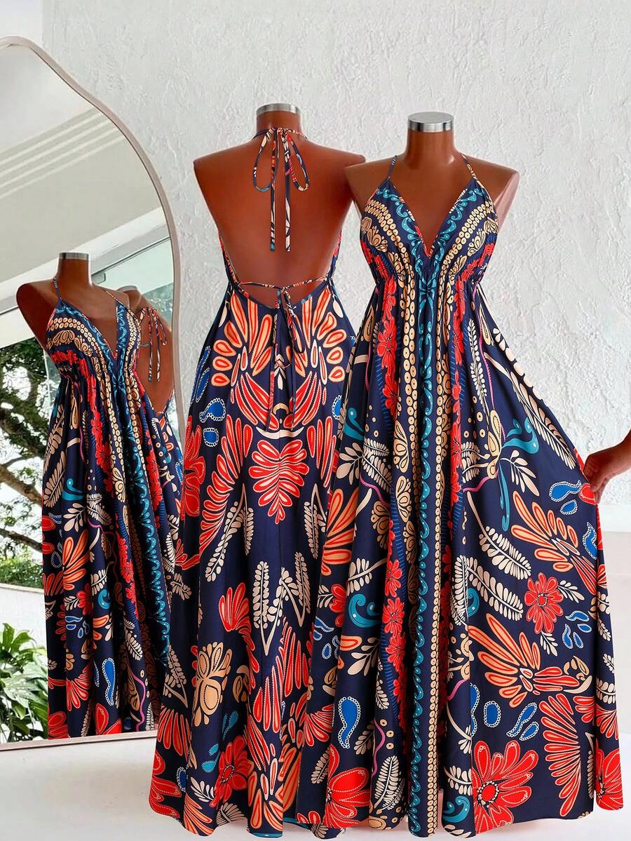 Flirla Plus Size Halter Neck Bohemian Style Flattering Beach Vacation Printed Dress - Multicolor - View 1