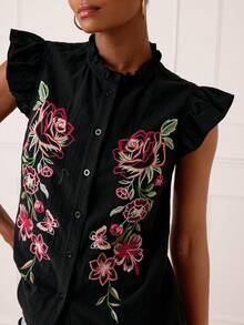 Lilora Women's Elegant Cotton Ruffle Sleeve Embroidered Blouse - Black - View 5