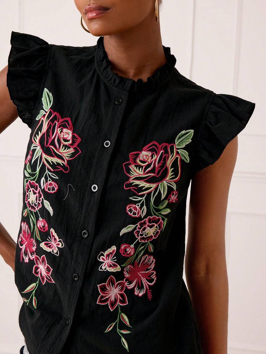 Lilora 女士优雅棉质荷叶边袖刺绣衬衫 - 黑色 - 查看 1