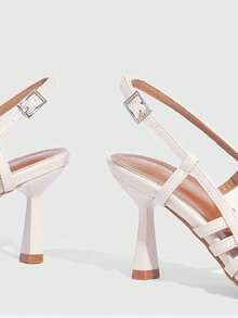 CUCCOO SZL Retro Square Toe Woven Hollow Roman Sandals For Women With French Style Dress Temperament, Minimalist Retro Style Square Toe Cross Thin Strap Versatile Commuting Slim Heel Open Toe Sandals, High Heels Prom Heels Summer Shoes - White - View 5