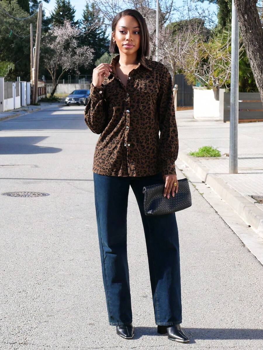 Yess Loren 女式秋季豹纹纽扣前领长袖宽松外套，休闲日常穿着 - 棕色 - 查看 1