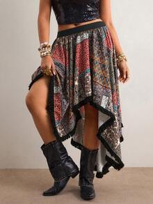 Freevana 大码女式度假波西米亚风拼接印花不对称下摆半身裙 - 彩色 - 查看 7