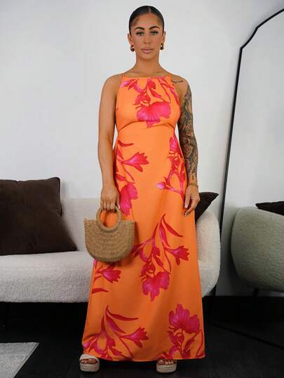 SAYEHFBABY 女士纯色休闲细肩带露背花卉印花宽松夏威夷度假太阳裙，奶油黄色