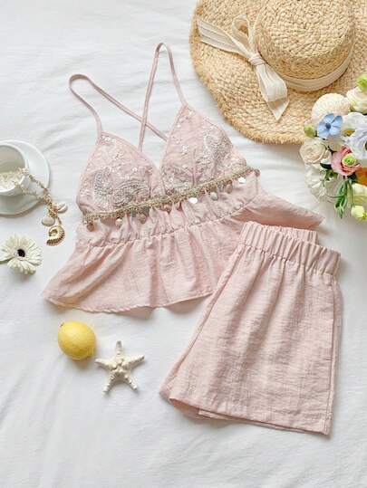 Comfortcana Women's Sequin Decor Pleated Camisole Top And Shorts Casual Outfit   Summer Outfits For Women Spring Spring Break Outfits   Spring Clothes Women  Vacation Graduation  Women  Wedding   Party  Ceremony  Elegant  Vacation Outfitscasual Sets For Women  Beach Vacation Outfits For Women Summer Vacation Outfits   Valentine's Day , Valentine's Day, Carnival, Beach, Holiday, Home Leisure, Street, College