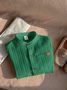 SHEIN 1件男童休闲学院风舒适亚麻立领贴袋百搭衬衫 - 墨綠色 - 查看 4