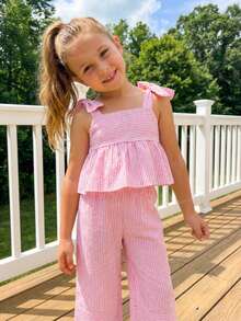 SHEIN 2pcs Young Girl Woven Striped Camisole Top And Pants Set - Multicolor - View 5