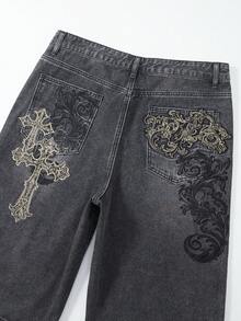 ROMWE MEN Street Life 男士休闲时尚街头日常通勤十字绣花卉刺绣水洗牛仔裤，夏季 - 灰色 - 查看 6