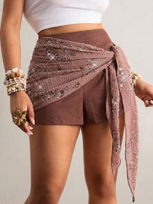 Freevana Plus Size Women Floral Sequin Side Knot High Waist Skirt Pants Chocolate Brown,Autumn,Boho,Beach Rave Festival Outfits Vintage Western Gothic Style - Coffee Brown - View 4