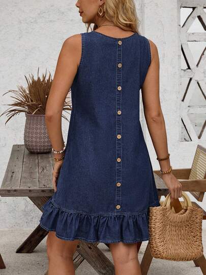 EMERY ROSE Women's Round Neck Casual Denim Dress With Ruffle Hem And Button Back Design, Sleeveless