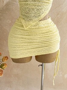 Soleia Conjunto de top camisola asimétrico de cuello de halter y textura de punto cruzada + falda ajustado de cintura con cordón y textura de punto para vacaciones - Mostaza Amarilla - Ver 4