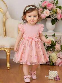 SHEIN 女婴优雅甜美粉色罗纹针织短袖连衣裙，搭配3D立体花卉网纱裙摆和腰带，可爱夏日度假派对装扮 - 粉色 - 查看 9