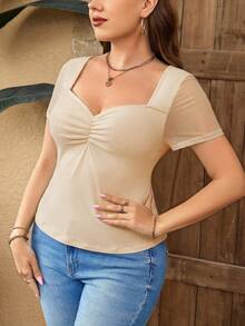 SHEIN Privé Camiseta de verano minimalista con cuello de volantes de malla de color contrastante - Albaricoque - Ver 4
