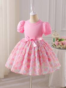 Glamorique Kids Đầm dự tiệc bằng vải voan họa tiết hoa cho bé gái, màu tím, kiểu dáng thanh lịch dành cho các dịp đặc biệt. - Bụi hồng - Xem 3