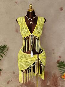 Sunspun Elegant Hollow-Out Fringed Sexy Crop Top & Skirt Set, Suitable For Beach Vacation - Yellow - View 3
