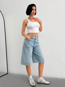 SHEIN Quần short denim cạp cao, chất liệu cotton, in họa tiết ngôi sao đính đá. - Rửa nhẹ - Xem 3