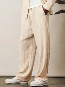 SUMWON Conjunto de camisa abotonada y pantalones con cordón de lino sintético para uso casual de verano para hombres - Amarillo claro - Ver 7