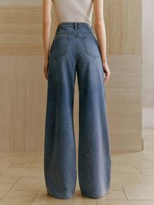 Anewsta Women's High Waist Fashionable Rhinestone Embellished Straight Loose Wide Leg Jeans - Blue - View 2