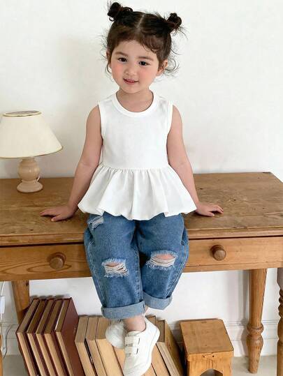 2026 New Baby Girls Denim Straight Leg Jeans, Distressed Design, Soft Washed Denim Fabric, Suitable For Daily Wear, Outdoor Play, Parties And Festivals