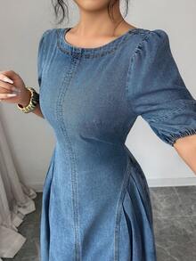 Elenzga Vestido de mezclilla con cintura ceñida para mujer - Azul lavado medio - Ver 4