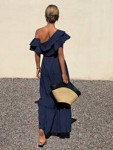 Summer Holiday Ruffled Asymmetric Neck Party/Wedding Guest Tie-Waist Textured Mid-Length Dress For Women Sundress - Navy Blue - View 2