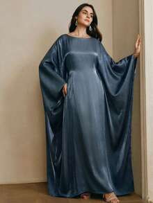 Anewsta 优雅蓝色亮面面料长袍，适合春夏派对和聚会 - 藍色 - 查看 3