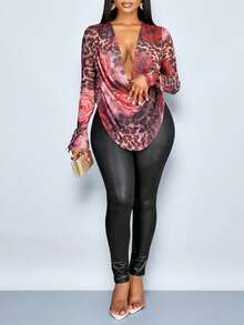 SOLERSUN Women's Elegant Sexy Rose Leopard Print Mesh Fabric Drape Neck Ruched Mesh Long Sleeve T-Shirt,Perfect For Valentine's Day Dating - Red - View 4