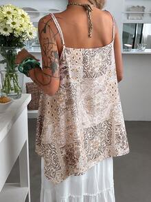 Livesso 女士夏季休闲波西米亚度假风拼接印花宽松串珠吊带衫 - 杏色 - 查看 6