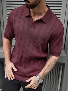 Manfinity Homme 加大码男士纯色 Polo 领短袖针织衫 男士针织衬衫 男士短袖休闲男士纽扣针织 Polo 衫 男士 V 领罗纹酒红色男士衬衫 - 彩色 - 查看 3
