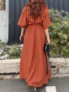 FRIFUL Women's Ruffle Collar Decor Waist Flared Hem Dress, Solid Color Vacation Style Sun Dresses For Women Summer - Orange - View 2