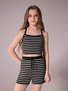Tween Girls Striped Camisole Fitted Vacation Tops, Casual Tops, Versatile , Suitable For Vacation, Travel, And Various Occasions, Spring/Summer - Black and White - View 1