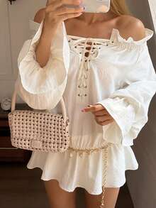 DAZY Women's Loose Off-Shoulder Ruffle Tie-Up Flare Sleeve Pleated Hem Elegant Summer Blouse - Apricot - View 6