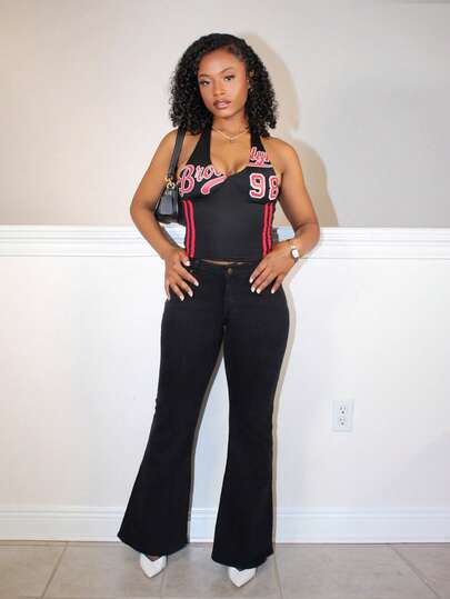 Steph T 街头服饰 女式时尚拼色“98”字母印花深 V 领挂脖背心